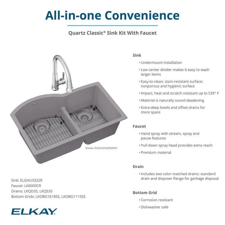 Kitchen Sink Quartz Classic 33 x 22 Inch Double Bowl Offset 60/40 Kit with Faucet & Aqua Divide Black Undermount - Frankwebs