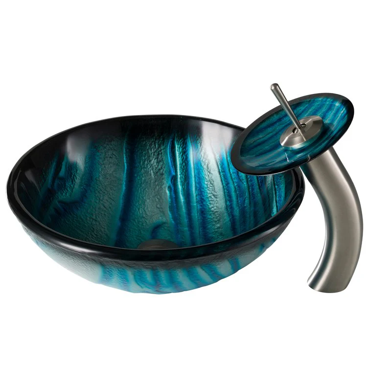 AUS Nature Series Blue Glass Bathroom Vessel Sink and Waterfall Faucet Set with Disk/ Pop-Up Drain - Frankwebs