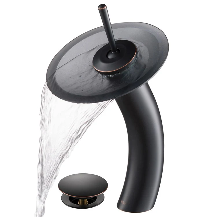 Tall Waterfall Bathroom Faucet for Vessel Sink with Frosted Black Glass Disk and Pop-Up Drain - Frankwebs
