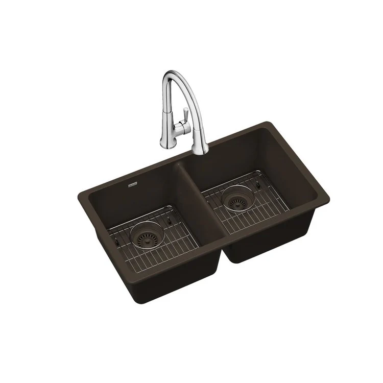 Kitchen Sink Quartz Classic 33 x 18.5 Inch Double Bowl Equal Kit with Faucet Mocha Undermount - Frankwebs