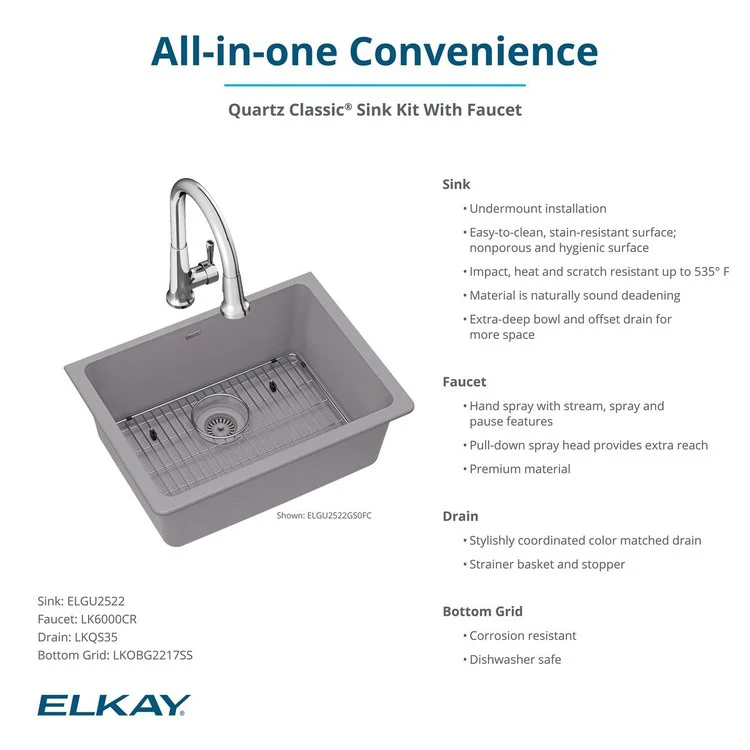 Kitchen Sink Quartz Classic 24.5 x 18.5 Inch Single Bowl Kit with Faucet White Undermount - Frankwebs