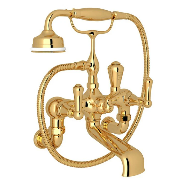 Tub Filler Georgian Era Exposed Wall Mount with Handshower 8 Inch Spread 3 Lever Fixed Spout English Gold - Frankwebs
