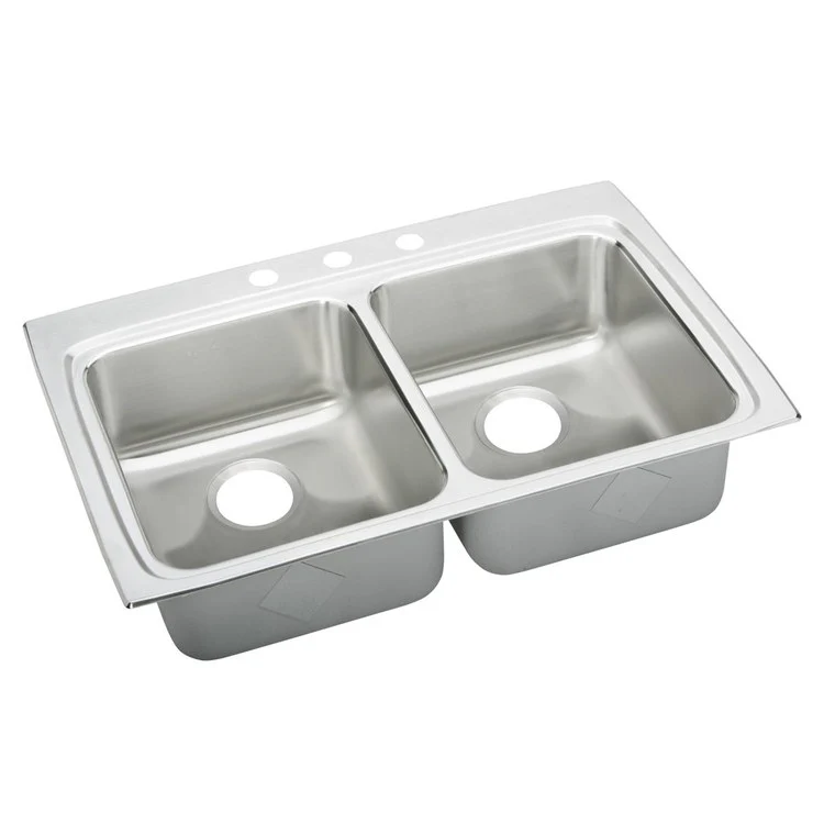 Kitchen Sink Lustertone Classic 33 x 22 Inch Double Bowl Equal MR2 Hole ADA Lustrous Satin Drop-In Rectangle Drain Location Rear Center Depth 5-1/2 Inch Quick Clip Mounting System Bottom Only Pads - Frankwebs