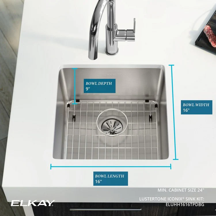 Sink Kit Lustertone Iconix Perfect Drain 18.5 x 18.5 Inch Single Bowl Luminous Satin One EBG1414 Bottom Grid One LKPD1 Perfect Drain and Strainer - Frankwebs