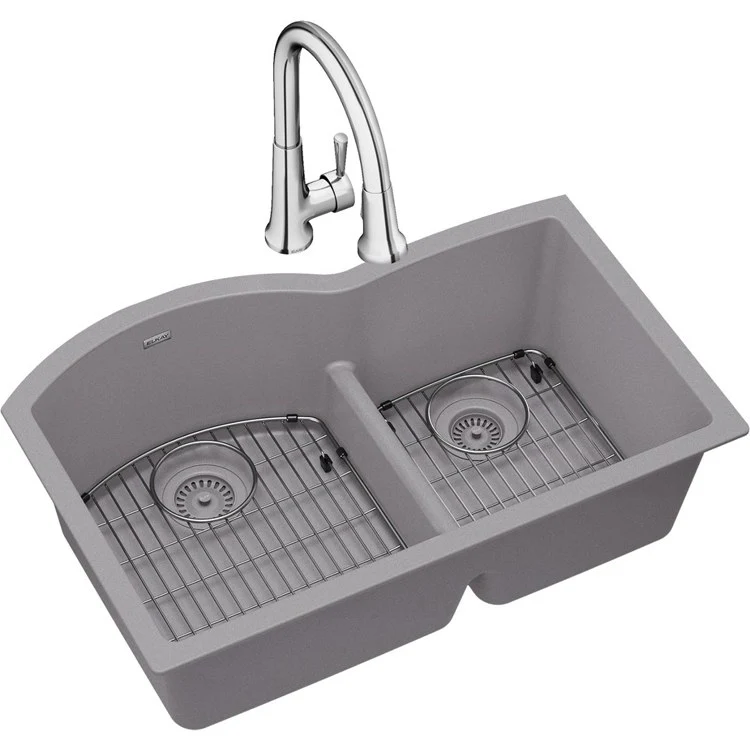 Kitchen Sink Quartz Classic 33 x 22 Inch Double Bowl Offset 60/40 Kit with Faucet & Aqua Divide Black Undermount - Frankwebs