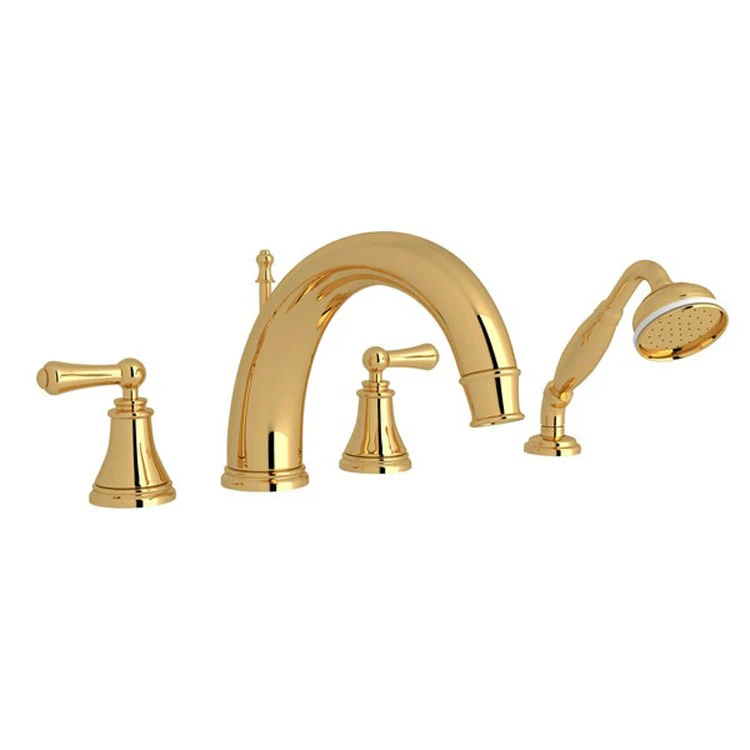 Tub Filler Georgian Era Deck Mount with Handshower 2 Lever High Neck Fixed C-Spout Satin Nickel - Frankwebs