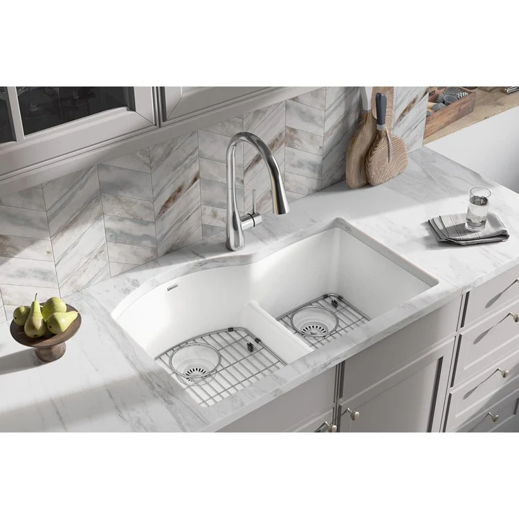 Kitchen Sink Quartz Classic 33 x 22 Inch Double Bowl Offset 60/40; Aqua Divide; Sink Kit White Undermount - Frankwebs