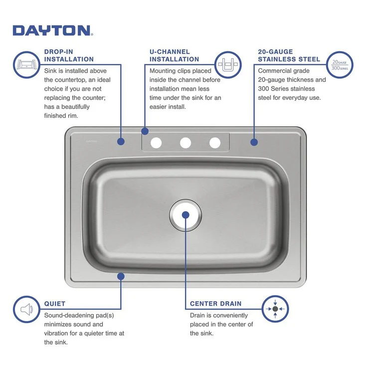 Kitchen Sink Dayton 33 x 22 Inch Single Bowl Equal 3 Hole Elite Satin Drop-In Drain Location Center Bottom Only Pads - Frankwebs