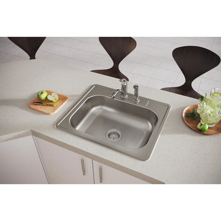 Kitchen Sink Dayton 25 x 21.25 Inch Single Bowl 2 Hole ADA Satin Drop-In Rectangle Drain Location Center Depth 6-4/7 Inch Bottom Only Pads - Frankwebs