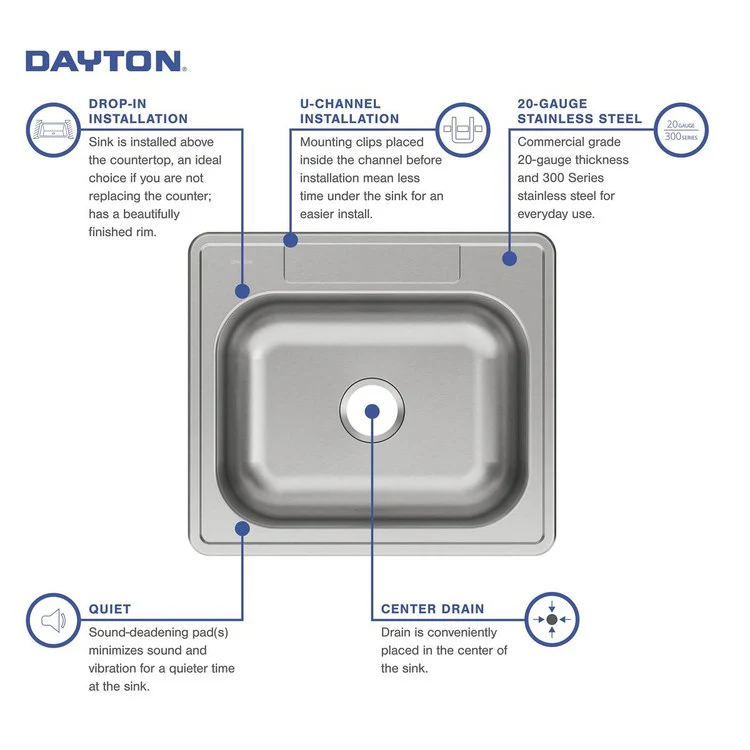 Kitchen Sink Dayton 25 x 22 Inch Single Bowl Elite Satin Drop-In Drain Location Center Bottom Only Pads - Frankwebs
