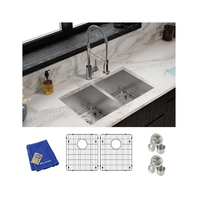 Sink Kit Crosstown Equal 30.75 x 18.5 Inch Double Bowl Polished Satin Two Bottom Grids Two Strainer Drain Cleanser Towel Cloth Bag - Frankwebs