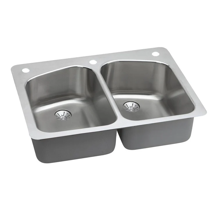 Kitchen Sink Lustertone Classic 33 x 22 Inch Double Bowl Equal with Perfect Drain 1 Hole Lustrous Satin Drop-In Stainless Steel Undermount Rear Drain Location Center Sides and Bottom Pads - Frankwebs
