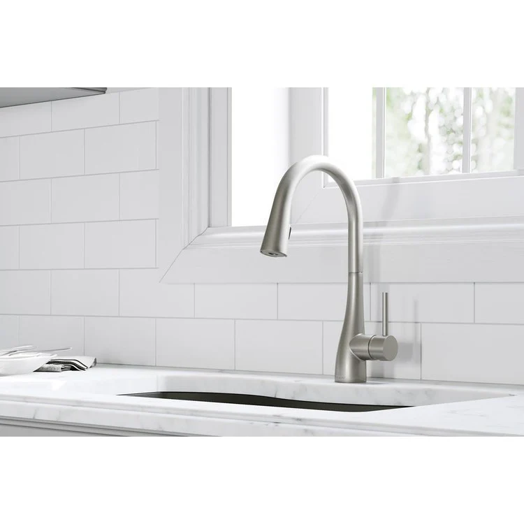 Kitchen Faucet Gourmet Deck Mount 1 Forward Only Lever ADA Lustrous Steel Pull Down Spray 1 Hole Spout Height 15-9/16 Inch - Frankwebs