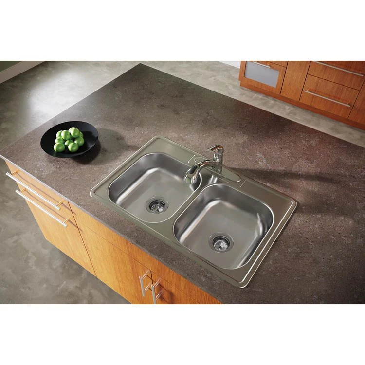 Kitchen Sink Dayton 33 x 21.25 Inch Double Bowl Equal 3 Hole ADA Satin Top Mount Rectangle Drain Location Center Depth 6-4/7 Inch Bottom Only Spray - Frankwebs