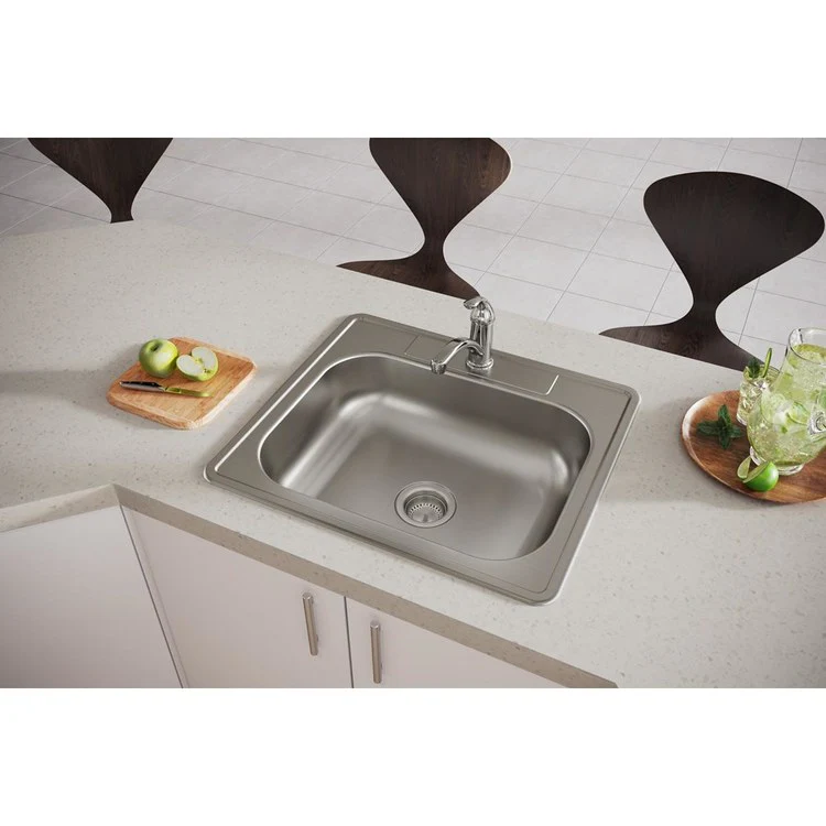 Kitchen Sink Dayton 25 x 22 Inch Single Bowl 1 Hole ADA Satin Top Mount Rectangle Drain Location Center Depth 6-4/7 Inch Bottom Only Pads - Frankwebs