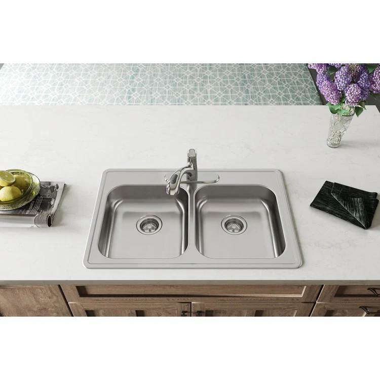 Kitchen Sink Dayton 33 x 22 Inch Double Bowl Equal 3 Hole ADA Satin Drop-In Rectangle Drain Location Rear Center Depth 5-3/8 Inch Bottom Only Pads - Frankwebs