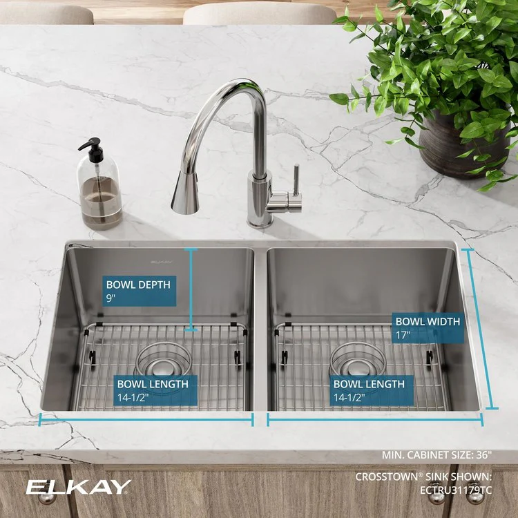 Sink Kit Crosstown 31.5 x 18.5 Inch Double Bowl Polished Satin Two Bottom Grids Two Deep Strainer Drains Cleanser Towel - Frankwebs
