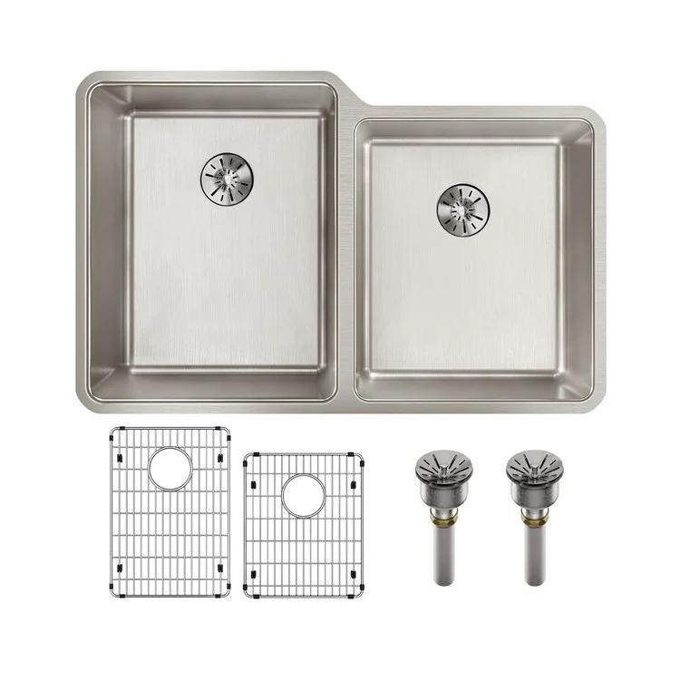 Sink Kit Lustertone Iconix Right Perfect Drain 31.25 x 20.5 Inch Double Bowl Luminous Satin One EBG1216 Bottom Grid One EBG1214 Bottom Grid Two LKPD1 Perfect Drain and Strainers - Frankwebs