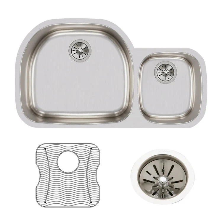 Sink Kit Lustertone Classic Offset 60/40 36.25 x 21.125 Inch Double Bowl Lustrous Satin One LKWOBG2118SS Bottom Grid One LK99 Drain - Frankwebs