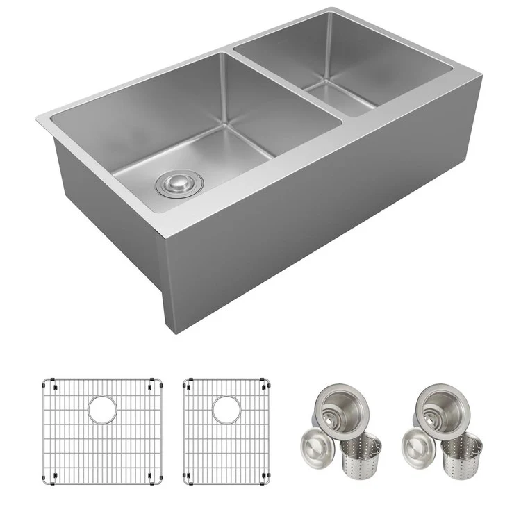 Sink Kit Crosstown Farmhouse 35.875 x 20.25 Inch Double Bowl Polished Satin Two Bottom Grids Two Strainer Drains - Frankwebs
