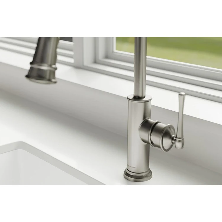 Kitchen Faucet Explore Deck Mount 1 Lever ADA Lustrous Steel Pull Down Spray 1 Hole Spout Height 17-7/8 Inch - Frankwebs