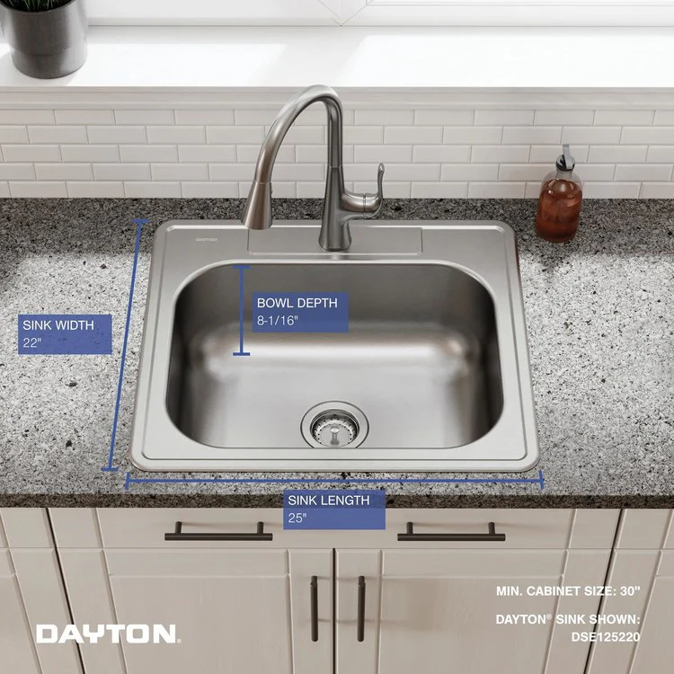 Kitchen Sink Dayton 25 x 22 Inch Single Bowl Elite Satin Drop-In Drain Location Center Bottom Only Pads - Frankwebs