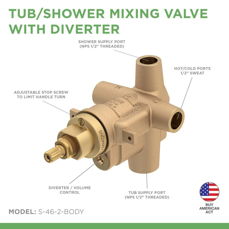 Temptrol Four Port Shower Mixing Valve with Volume Control, Diverter and 1/2