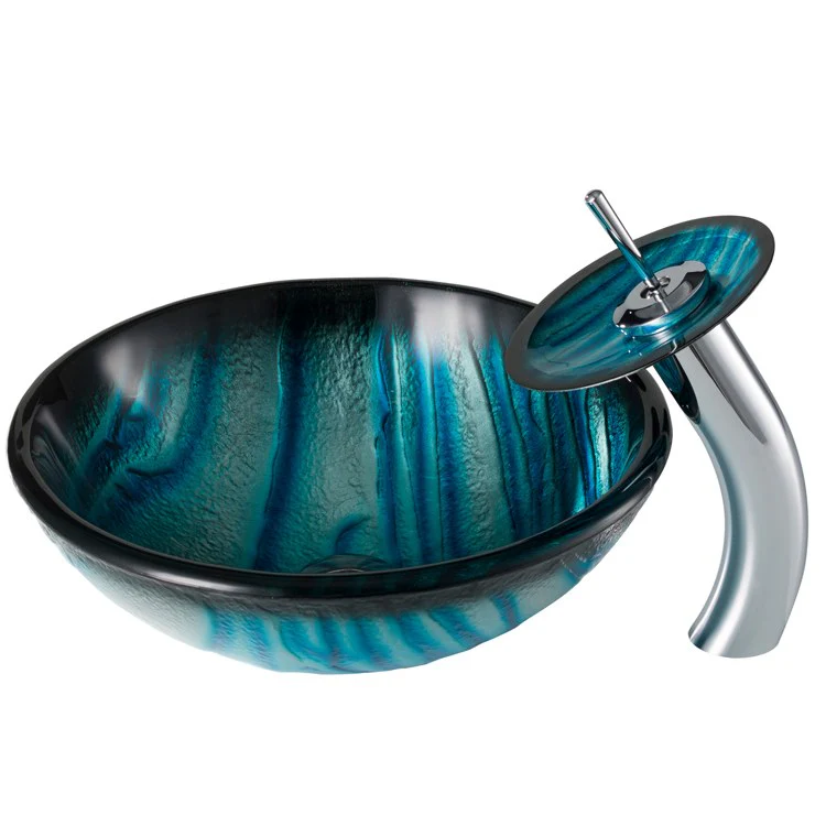 AUS Nature Series Blue Glass Bathroom Vessel Sink and Waterfall Faucet Set with Disk/ Pop-Up Drain - Frankwebs
