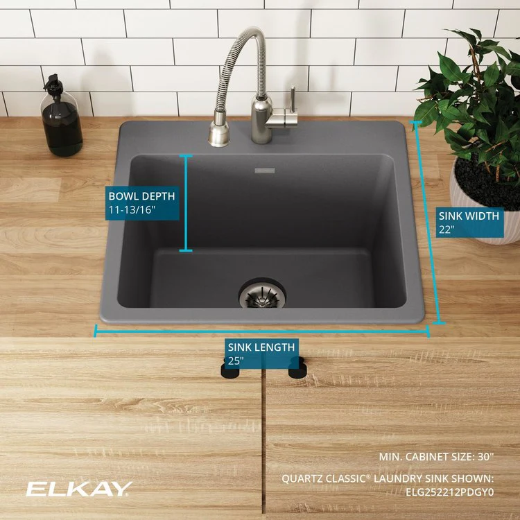 Laundry Sink Quartz Classic 25 x 22 Inch Single Bowl with Perfect Drain Dusk Gray Drop-In - Frankwebs