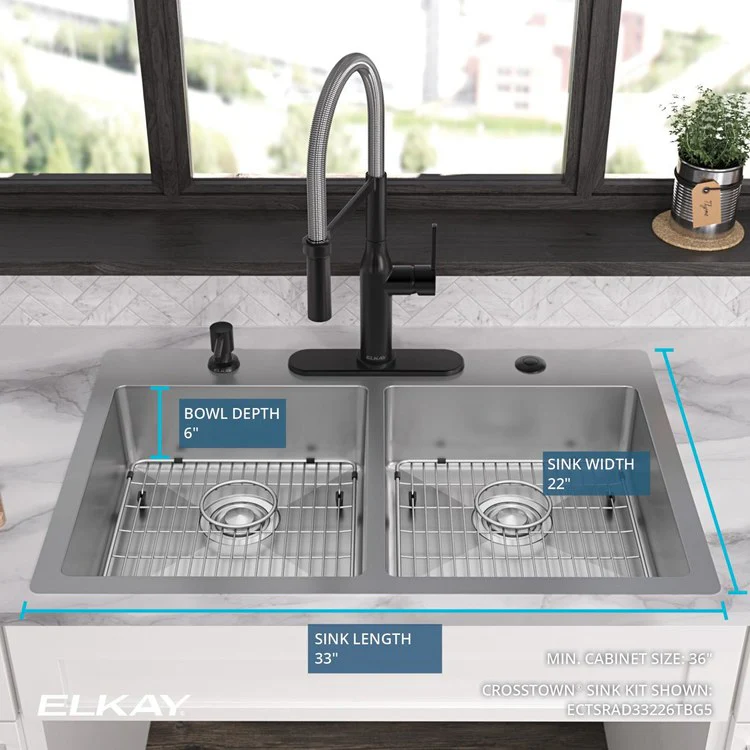 Kitchen Sink Crosstown 33 x 22 Inch Double Bowl Equal Kit 5 Hole ADA Polished Satin Drop-In Undermount Rectangle Drain Location Rear Center Depth 6 Inch Sound Guard Slim Rim - Frankwebs