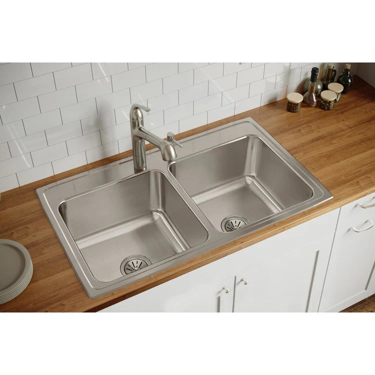 Kitchen Sink Lustertone Classic Gourmet 37 x 22 Inch Double Bowl Equal MR2 Hole Lustrous Highlighted Satin Top Mount - Frankwebs