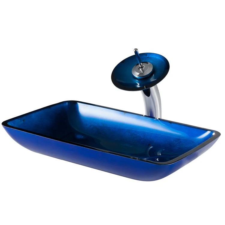Rectangular Blue Glass Bathroom Vessel Sink and Waterfall Faucet Combo Set with Disk and Pop-Up Drain - Frankwebs