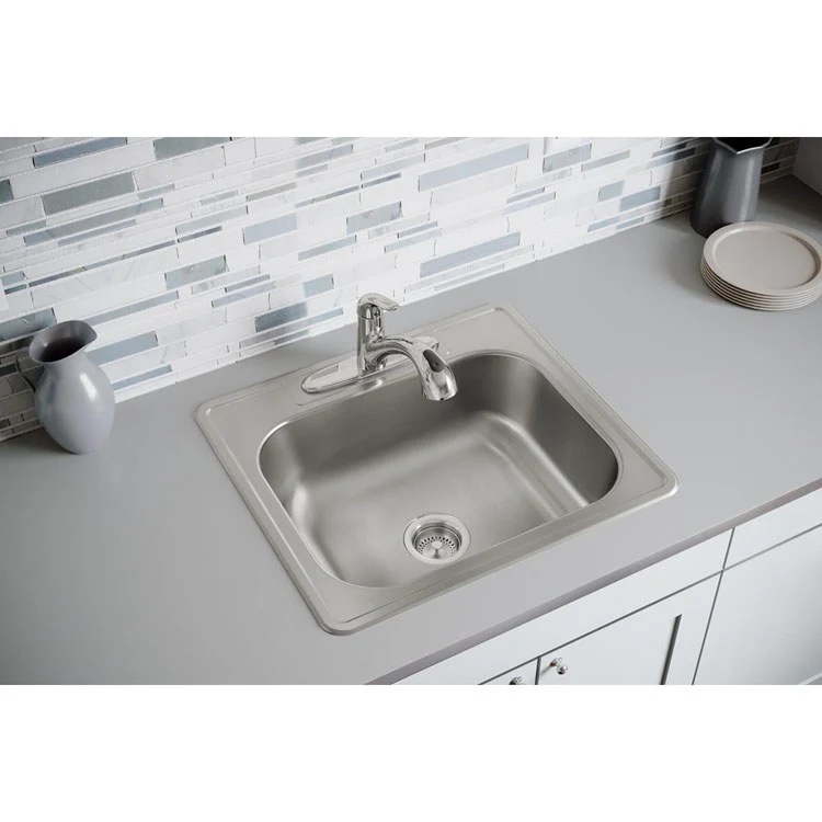 Kitchen Sink Dayton 25 x 22 Inch Single Bowl 3 Hole Elite Satin Drop-In Drain Location Center Bottom Only Pads - Frankwebs