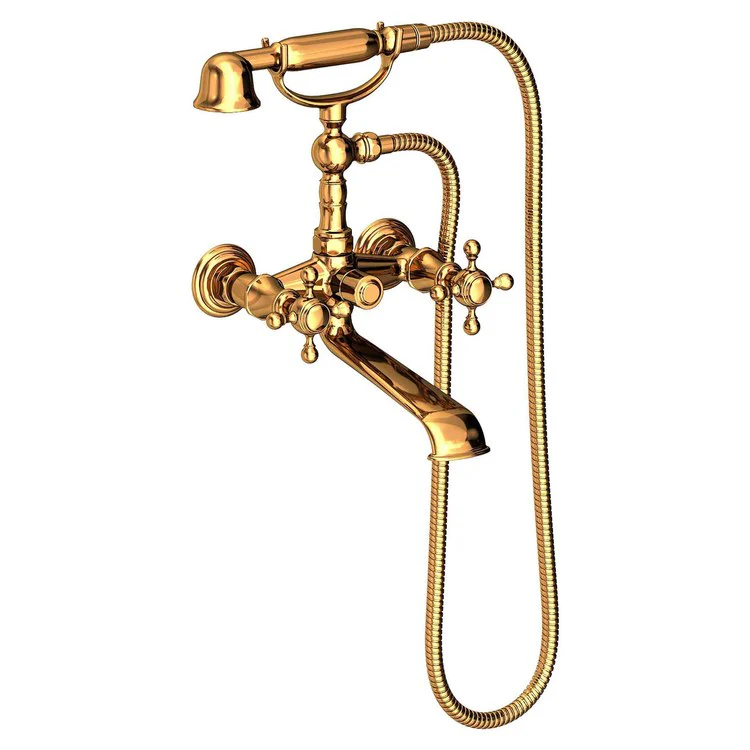 Tub Filler Victoria Wall Mount Exposed with Handshower 6 Inch Spread 2 Cross ADA Antique Brass 2 Hole - Frankwebs