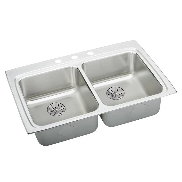 Kitchen Sink Lustertone Classic 33 x 22 Inch Double Bowl Equal with Perfect Drain ADA Lustrous Satin Drop-In Rectangle Drain Location Rear Center Depth 6-1/2 Inch Quick Clip Mounting System Bottom Only Pads - Frankwebs