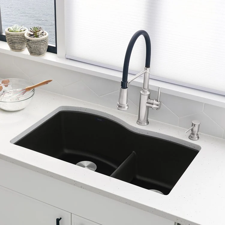 Kitchen Sink Diamond 32 x 21 Inch Double Bowl 1-3/4 Bowl with Low Divide Coal Black Undermount - Frankwebs