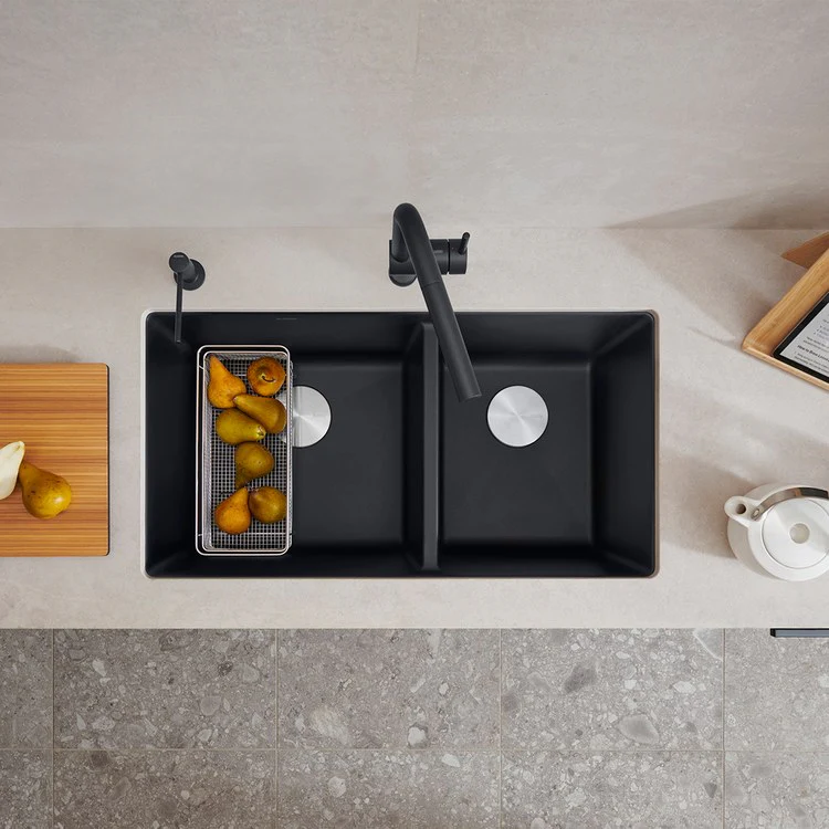 Kitchen Sink Precis 33 x 18 Inch Double Bowl 1-3/4 Bowl Coal Black Undermount Rectangle Silgranit - Frankwebs