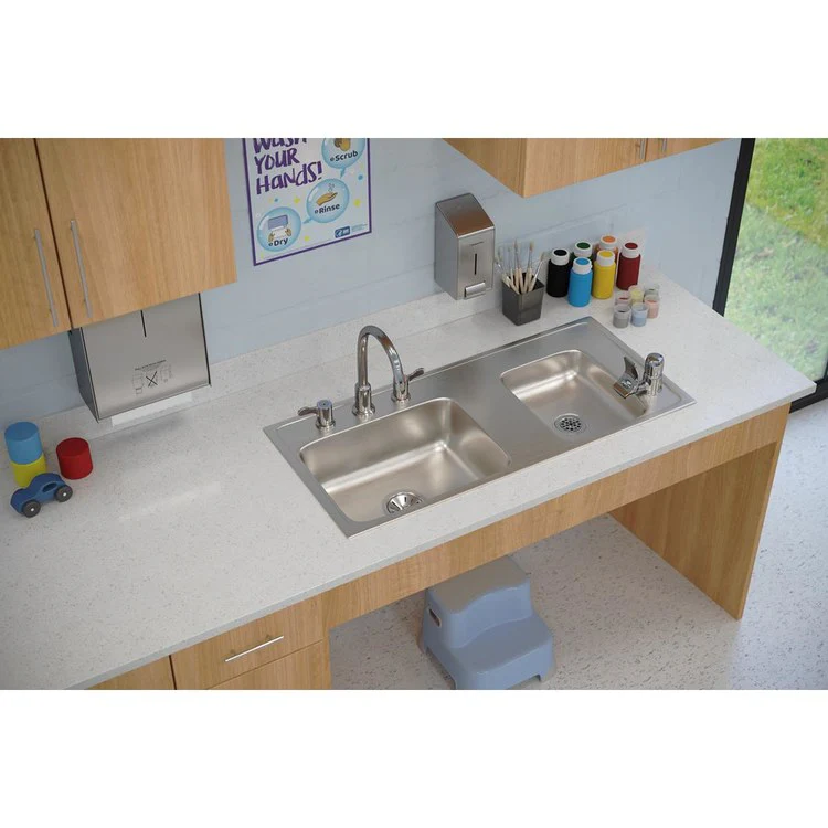 Classroom Sink Lustertone 37.25 x 17 Inch Double Bowl ADA Right 4 Hole Lustrous Satin Drop-In Minimum Cabinet Size 42 Inch 6 Inch 18 Gauge Bottom Only Pads 64090014 Mounting Hardware Included for Countertops Up to 3/4IN - Frankwebs