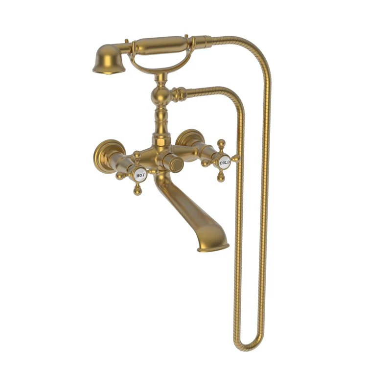 Tub Filler Chesterfield Wall Mount Exposed with Handshower 6 Inch Spread 2 Cross ADA Satin Gold PVD 2 Hole - Frankwebs
