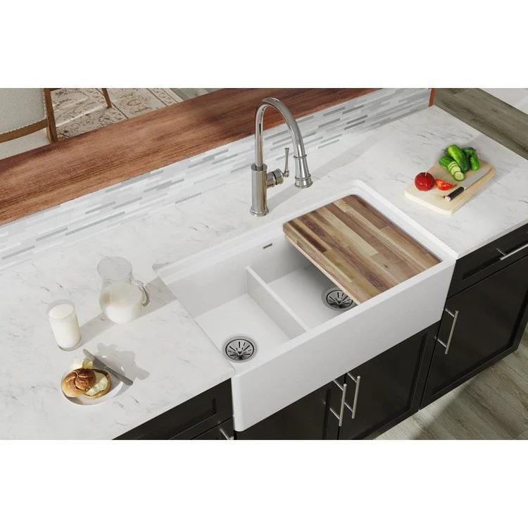 Kitchen Sink Fireclay 33 x 20 Inch Double Bowl 60/40 with Aqua Divide Apron Front White Farmhouse Drain Location Center Workstation - Frankwebs