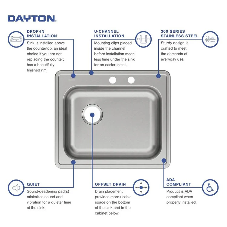 Kitchen Sink Dayton 25 x 21.25 Inch Single Bowl MR2 Hole ADA Satin Drop-In Rectangle Drain Location Rear Left Depth 5-3/8 Inch Bottom Only Pads - Frankwebs