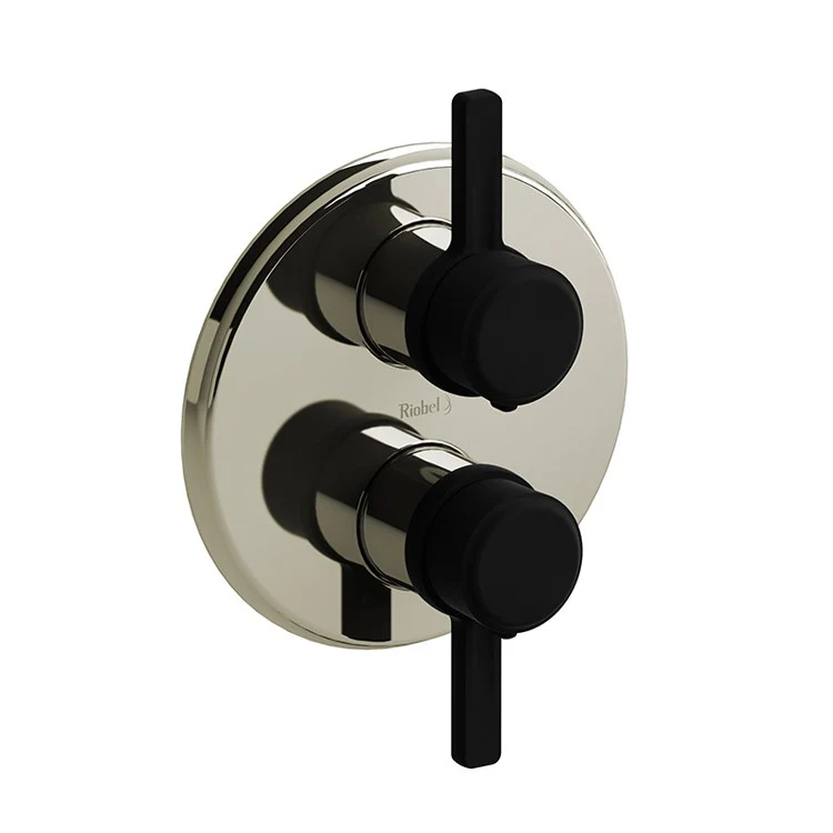 Thermostatic Valve Momenti Pressure Balance System Round 4-Way 2 J-Shaped Polished Nickel/Black ADA 7-1/8W x 7-1/8H Inch - Frankwebs