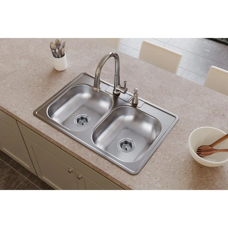 Kitchen Sink Dayton 33 x 22 Inch Double Bowl Equal 2 Hole ADA Satin Top Mount Rectangle Drain Location Center Depth 6 Inch Multiple of 50 Bottom Only Spray - Frankwebs