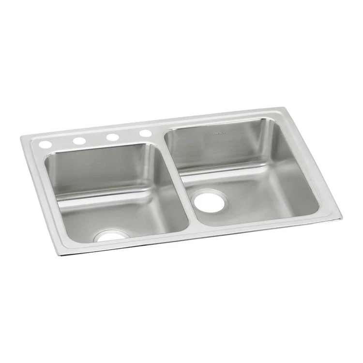 Kitchen Sink Lustertone Classic 33 x 22 Inch Double Bowl Offset 4 Hole Lustrous Satin Drop-In Stainless Steel Drain Location Center Rear Drain Location Center Sides and Bottom Pads - Frankwebs