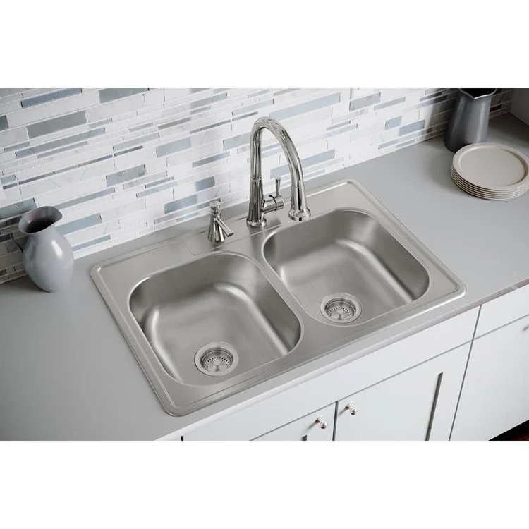 Kitchen Sink Dayton 33 x 22 Inch Double Bowl 2 Hole ADA Satin Drop-In Rectangle Drain Location Center Depth 6-4/7 Inch Multiple of 10 Bottom Only Pads - Frankwebs