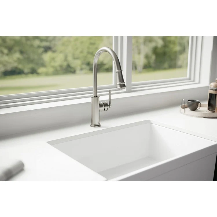 Kitchen Faucet Explore Deck Mount 1 Lever ADA Lustrous Steel Pull Down Spray 1 Hole Spout Height 17-7/8 Inch - Frankwebs