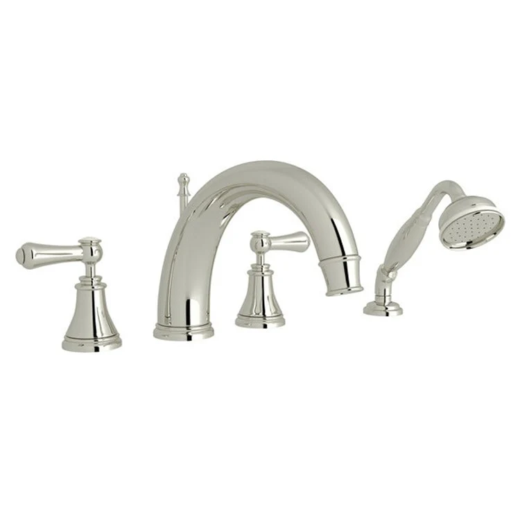Tub Filler Georgian Era Deck Mount with Handshower 2 Porcelain Lever High Neck Fixed C-Spout Polished Chrome - Frankwebs
