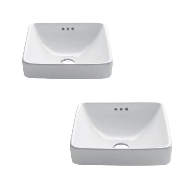 Elavo Square Semi-Recessed Vessel White Porcelain Bathroom Sink with Overflow, 16.5