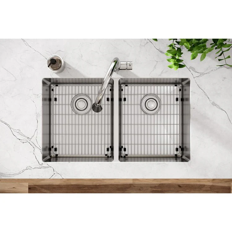 Sink Kit Crosstown 31.5 x 18.5 Inch Double Bowl Polished Satin Two Bottom Grids Two Deep Strainer Drains Cleanser Towel - Frankwebs