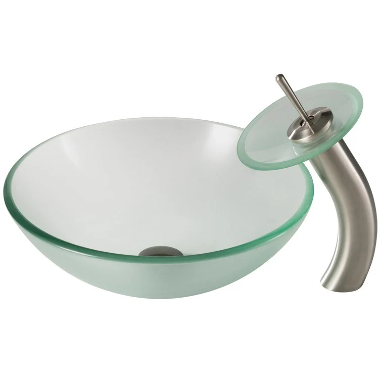 Frosted Glass Bathroom Vessel Sink and Waterfall Faucet Combo Set with Disk and Pop-Up Drain - Frankwebs